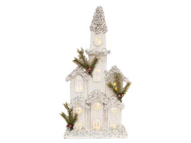 LED SNOW COVERED WHITE WOODEN CHURCH (16.9")